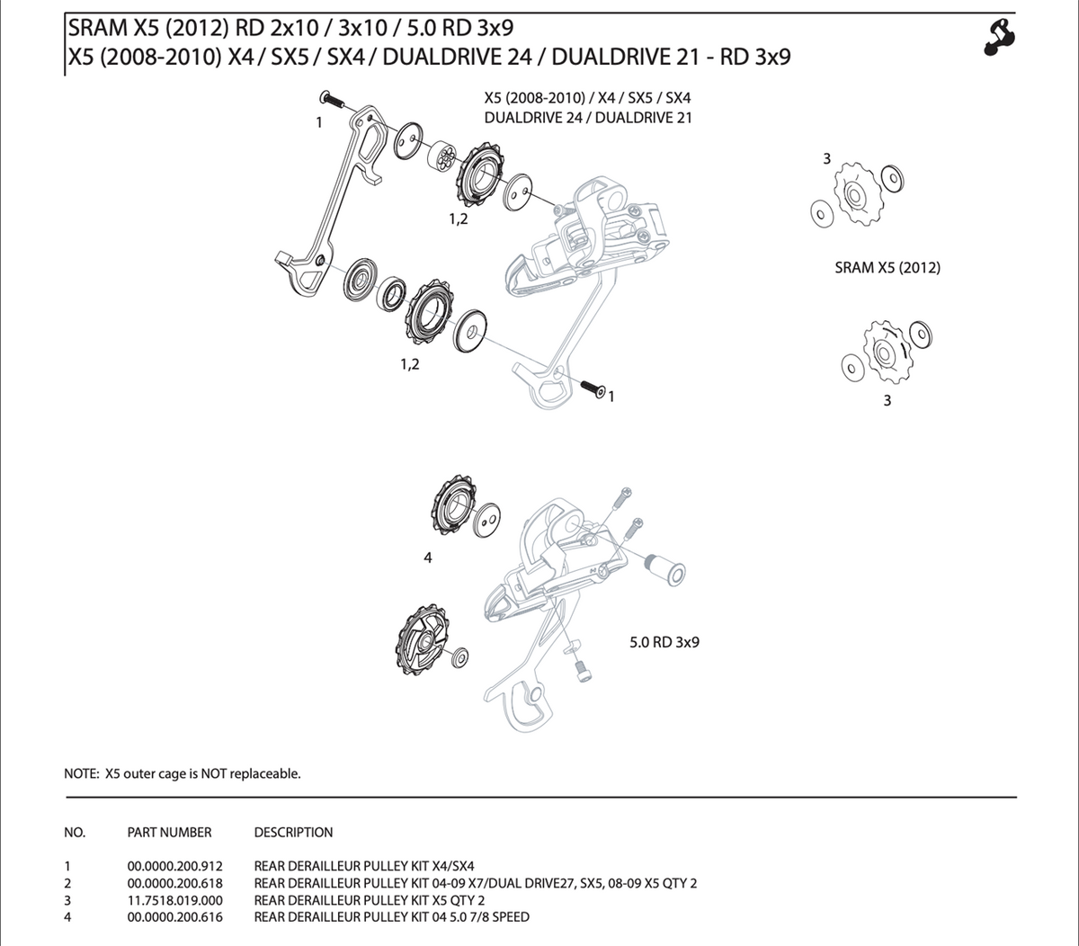 SRAM X5 9 Speed Rear Derailleur Parts